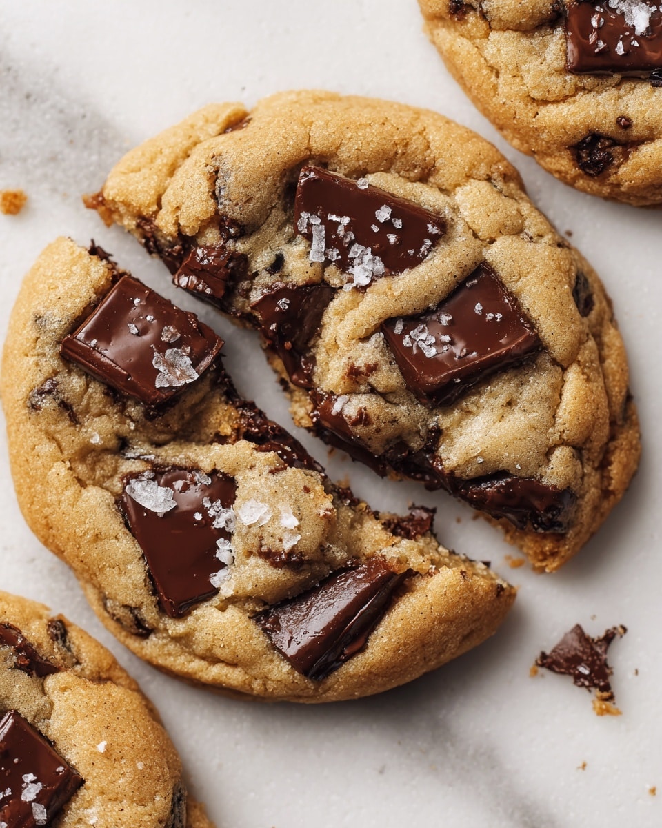 The image shows close-up views of soft, thick chocolate chip cookies on a white marbled surface. Each cookie has a rough golden-brown baked dough layer with slightly cracked tops. Large, glossy dark chocolate chips and chunks are embedded on the upper surface, some slightly melted and shiny, adding contrast with the light cookie dough. One cookie is broken in half, revealing the soft, chewy inside with gooey chocolate pockets. Flakes of salt scattered on top add texture and a touch of sparkle to the rich look of the cookies. photo taken with an iphone --ar 4:5 --v 7