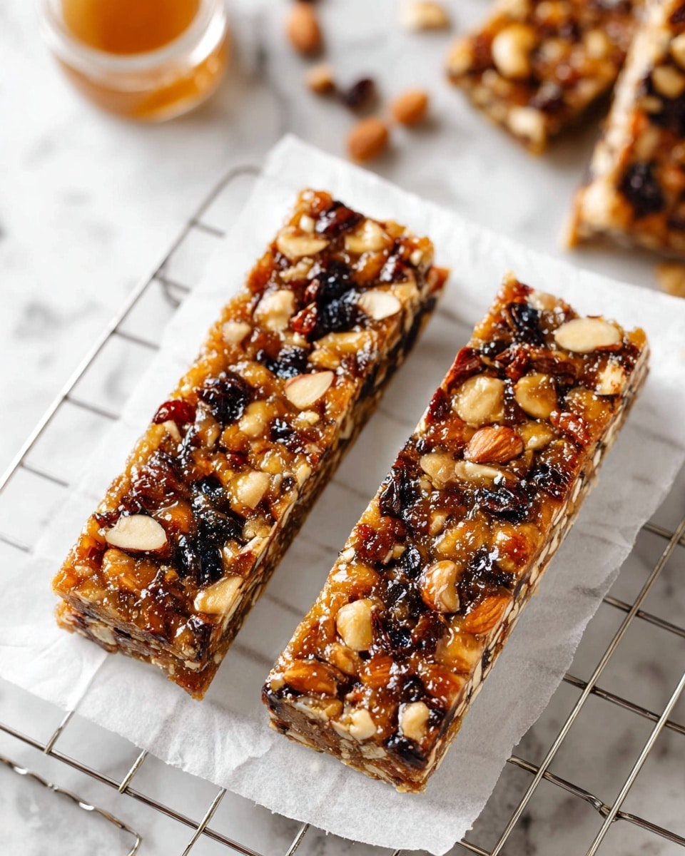 The image shows two rectangular nut and fruit bars on a white paper placed on a silver wire rack. Each bar has a textured top layer filled with visible chunks of dark dried fruit, light and orange nuts like almonds and walnuts, all bound together by a shiny, sticky syrup. The bars have a dense and chewy look with no separate layers, just a mixed single layer with varied colors: dark purple-black, light beige, and orange-brown. In the background, there is a white bowl with a brass spoon, some more bars, and a small cup with honey, all placed on a white marbled surface. Photo taken with an iphone --ar 4:5 --v 7