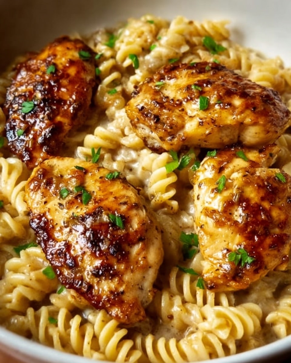 The image shows a close-up of a white plate filled with creamy orzo pasta, cooked to a soft texture and light beige in color, topped with three pieces of grilled chicken breast that have a golden brown, slightly charred surface with visible grill marks. The chicken pieces are arranged on top of the orzo, each garnished with small sprigs of fresh green herbs. The creamy sauce lightly coats the pasta and chicken, adding a moist and rich texture. The background has a white marbled texture. photo taken with an iphone --ar 4:5 --v 7