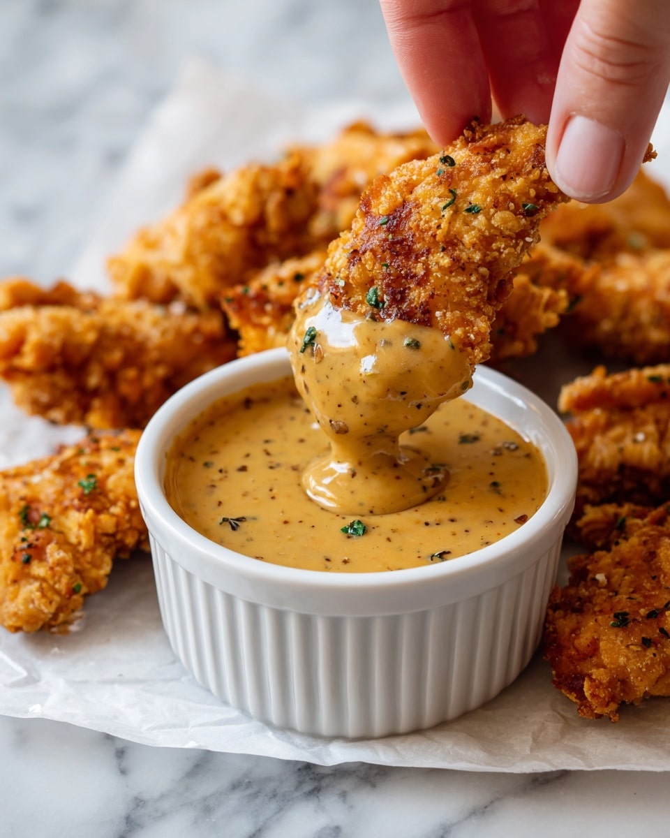 The image shows a white ramekin filled with a creamy, thick mustard sauce speckled with herbs. A crispy, golden brown chicken tender is being dipped into the sauce by a woman's hand, with the sauce clinging to the tender. Surrounding the ramekin are many more crispy, golden brown chicken tenders resting on white parchment paper. The scene is set on a white marbled surface. photo taken with an iphone --ar 4:5 --v 7