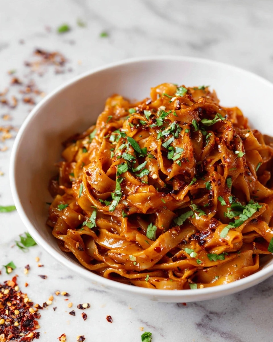 A white bowl holds thick, twisted noodles coated evenly in a shiny, rich reddish-brown sauce. The noodles are tangled together in a loose pile, with small pieces of onion or another vegetable mixed in. Bright green chopped herbs are sprinkled generously across the top and some fall around the bowl. Red chili flakes are scattered on the noodles and on the white marbled surface around the bowl, adding spots of deep red color. The lighting is warm and natural, highlighting the sauce’s texture and the freshness of the herbs. photo taken with an iphone --ar 4:5 --v 7