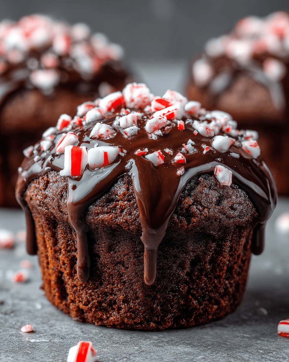 A close-up of a chocolate muffin with a dark brown, textured base and a slightly domed top. The muffin is covered with a thick layer of glossy dark chocolate sauce that drips down its sides. On top, scattered unevenly, are white and red striped peppermint candy pieces, adding contrast and a rough texture. The background has a soft focus effect with other similar muffins blurred behind, all set on a white marbled surface. Photo taken with an iphone --ar 4:5 --v 7