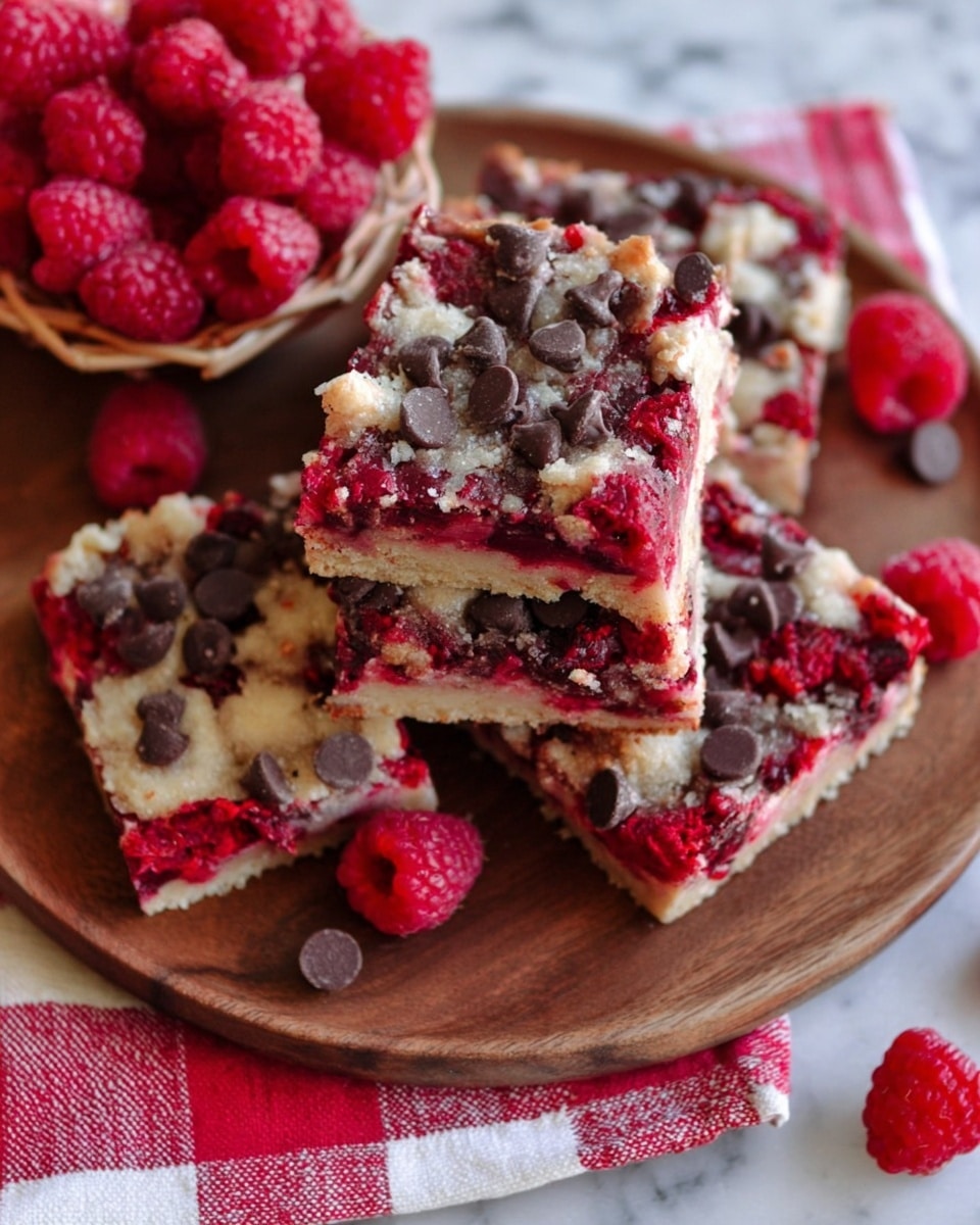 A stack of square dessert bars sits on a round wooden plate, each bar showing three main layers: a bottom light beige crust, a middle bright red raspberry layer with visible whole and crushed raspberries, and a top layer dotted with dark brown chocolate chips and scattered small patches of crumbly pale beige streusel. The bars are slightly uneven in texture with juicy raspberry pieces and smooth chocolate chips, adding contrast. There are a few loose raspberries around the bars on the plate and a small basket filled with fresh raspberries nearby. The plate is placed on a white marbled surface with a red and white checkered cloth partially visible underneath. Photo taken with an iphone --ar 4:5 --v 7