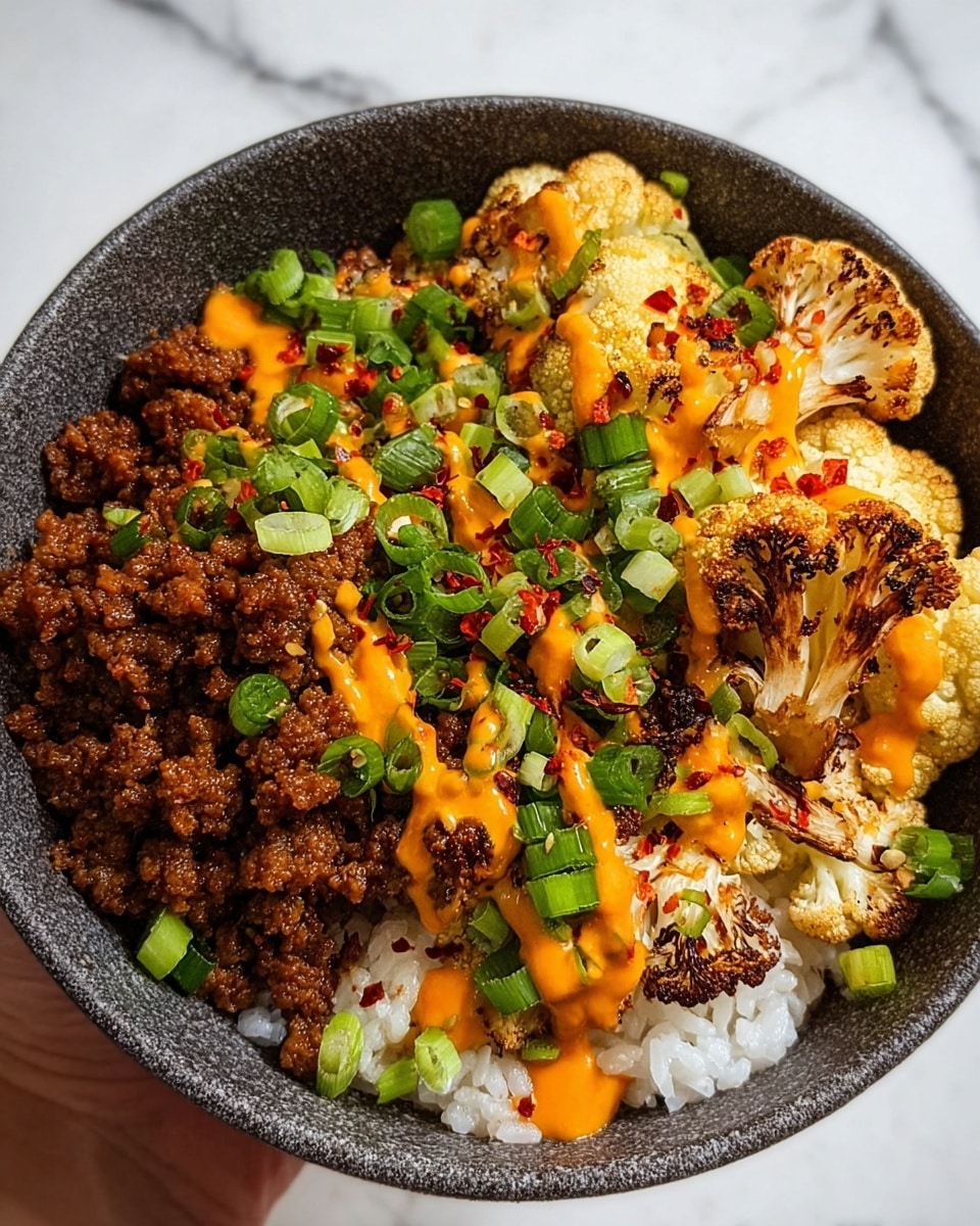A close-up of a bowl filled with three main layers, starting from the bottom with white rice, followed by a mix of dark brown cooked minced meat on one side, and a pile of roasted cauliflower with a golden-brown char on the other side. Both the meat and cauliflower are topped with bright green chopped scallions and drizzled with a vivid orange sauce. There are small red chili flakes sprinkled lightly over the cauliflower and sauce. The bowl itself is dark grey with a rough texture, held by a woman's hand, placed against a white marbled surface. Photo taken with an iphone --ar 4:5 --v 7