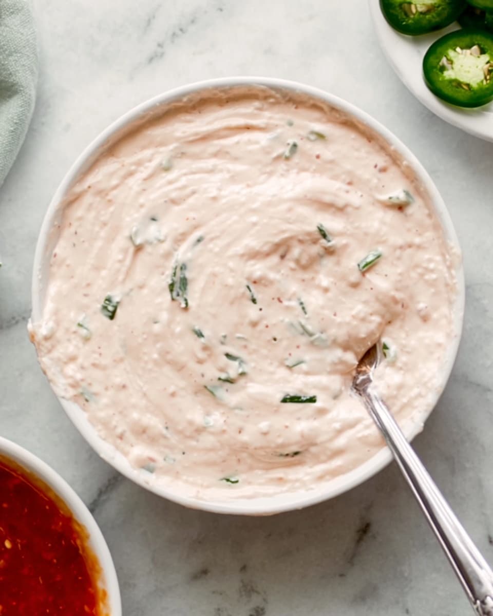 A close-up view of a small white bowl filled with a creamy, pale pink dip that has green herb pieces mixed throughout, giving it a speckled texture. The dip looks thick and slightly whipped, with gentle swirls on the surface made by a silver spoon partially dipped into the right side of the bowl. Slices of bright green jalapeño and a small portion of red salsa in another white bowl are placed next to the bowl on a white marbled surface. photo taken with an iphone --ar 4:5 --v 7