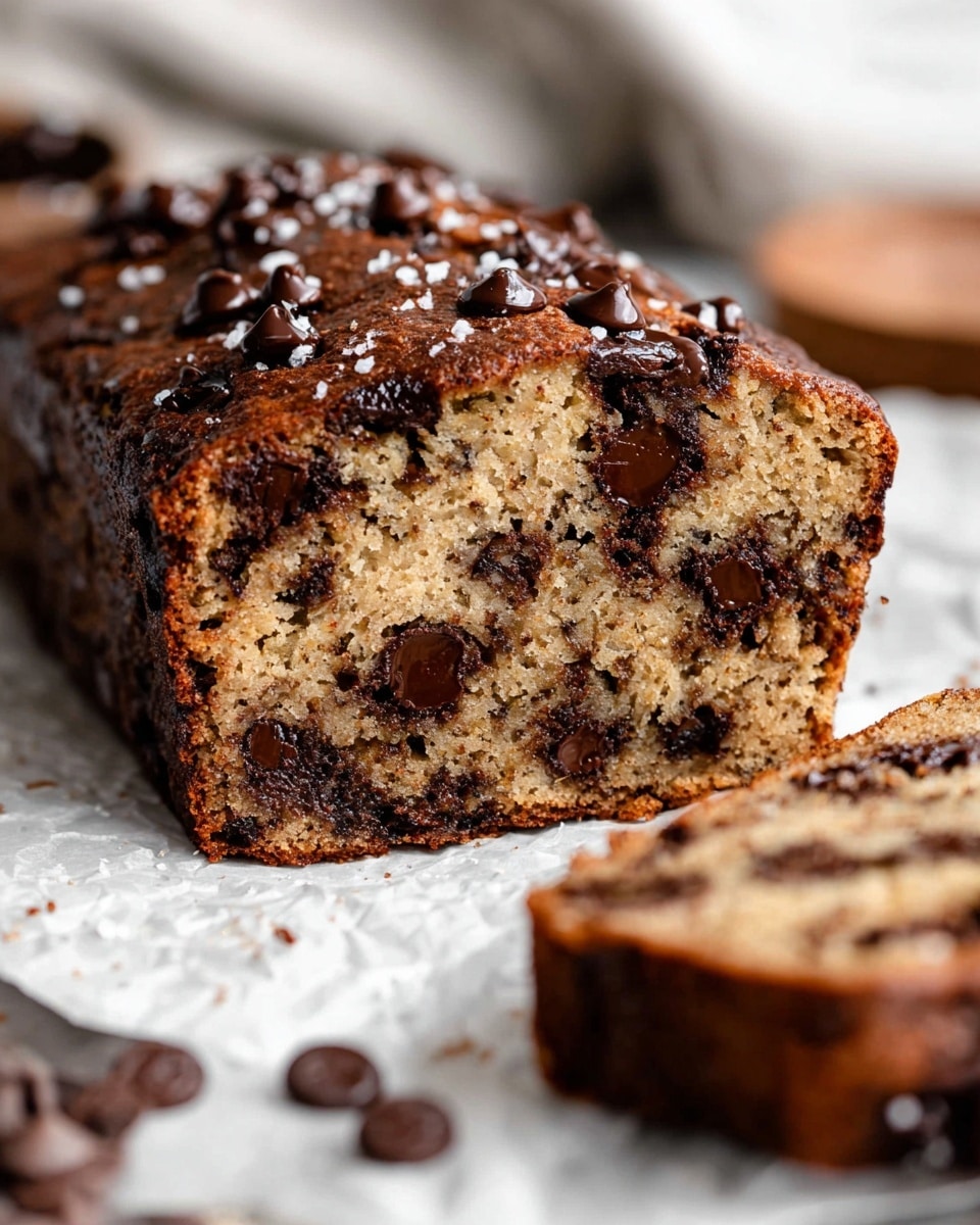 A close-up view of thick slices of chocolate chip banana bread showing one main slice in front with a light brown, soft texture dotted generously with dark melted chocolate chips inside and on top; the top edge has a darker, slightly crispy crust with scattered chocolate chips and a few grains of coarse salt. The loaf is resting on white parchment paper over a white marbled surface, with some loose chocolate chips around, and blurred slices of the loaf in the background. photo taken with an iphone --ar 4:5 --v 7