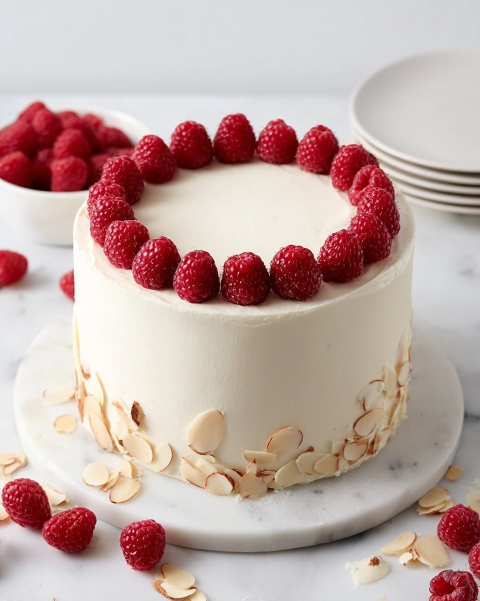 A tall, smooth white frosted cake sits on a round cake board on a white marbled surface. The cake has one main layer with even, creamy white frosting covering all sides smoothly. On top, a ring of fresh, bright red raspberries is arranged near the edge, with thin, light brown almond slices placed evenly between the raspberries. A small bowl of extra raspberries and scattered almonds and raspberries are visible around the cake on the white marbled surface. photo taken with an iphone --ar 4:5 --v 7
