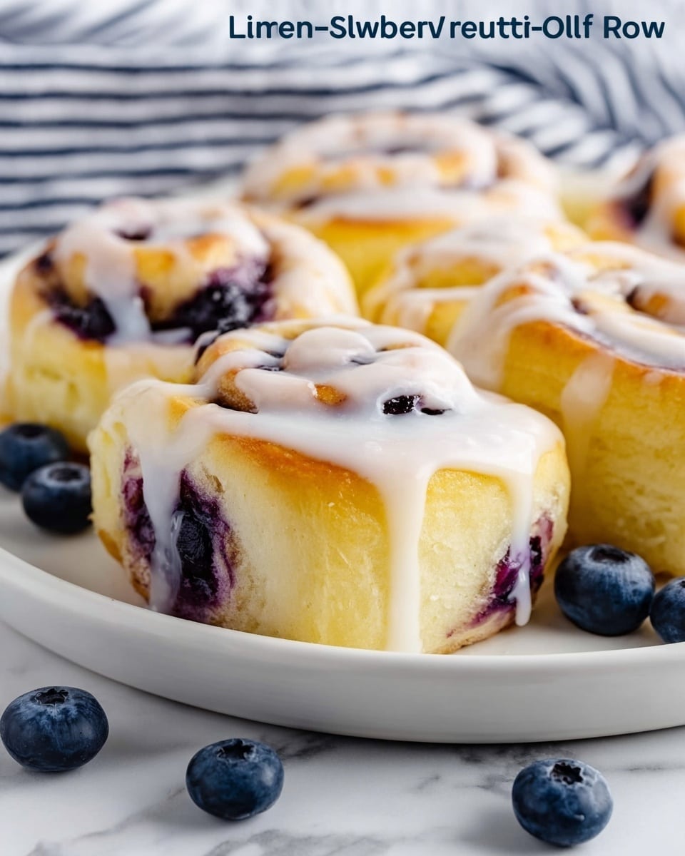 The image shows a close-up of a group of golden brown sweet rolls arranged in a white plate, each roll having three visible layers: a soft, fluffy light-yellow dough base, a middle layer with swirled blueberry filling that is dark purple and looks juicy, and a thin white icing drizzle on top that glistens slightly. The rolls are closely packed, with the inner layers visible, and a few fresh blueberries scattered casually around the plate. The background is softly blurred, featuring a white marbled surface and a striped cloth in shades of blue and white. photo taken with an iphone --ar 4:5 --v 7