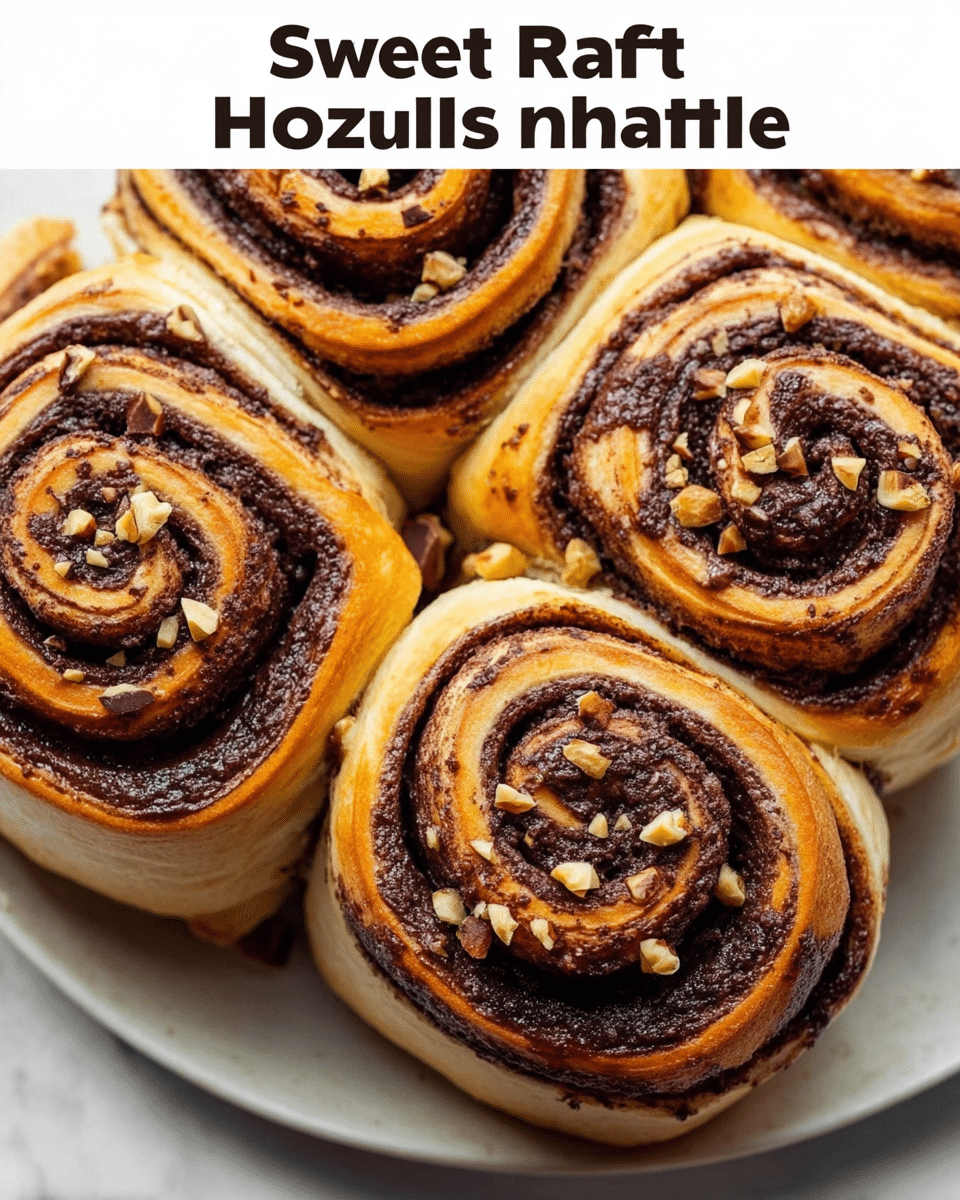 The image shows four thick chocolate hazelnut sweet rolls placed close together on a white plate, sitting on a white marbled surface. Each roll has layers of soft, golden brown dough spiraled with rich, dark brown chocolate hazelnut filling, creating a clear swirl pattern. The tops of the rolls are slightly shiny and golden, with some small chunks of hazelnuts sprinkled on top adding texture and contrast. The rolls look fluffy and fresh, with an inviting mix of light and dark shades in each spiral. Photo taken with an iphone --ar 4:5 --v 7