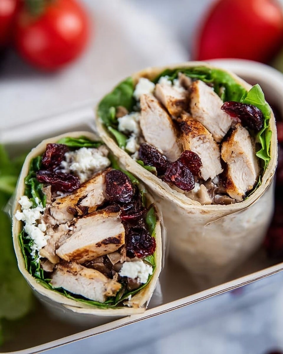The image shows two halves of a wrap placed side by side on a white plate, each cut to reveal four distinct layers: the outer soft, light beige tortilla, a layer of vibrant green leafy lettuce, thick slices of grilled chicken with a light brown crust, and small chunks of white cheese mixed with dark red dried cranberries. The wrap sits on a white marbled surface, with what appears to be some fresh red tomatoes and green vegetables blurred in the background. The overall look is fresh and colorful, with a mix of soft and crunchy textures visible. Photo taken with an iphone --ar 4:5 --v 7