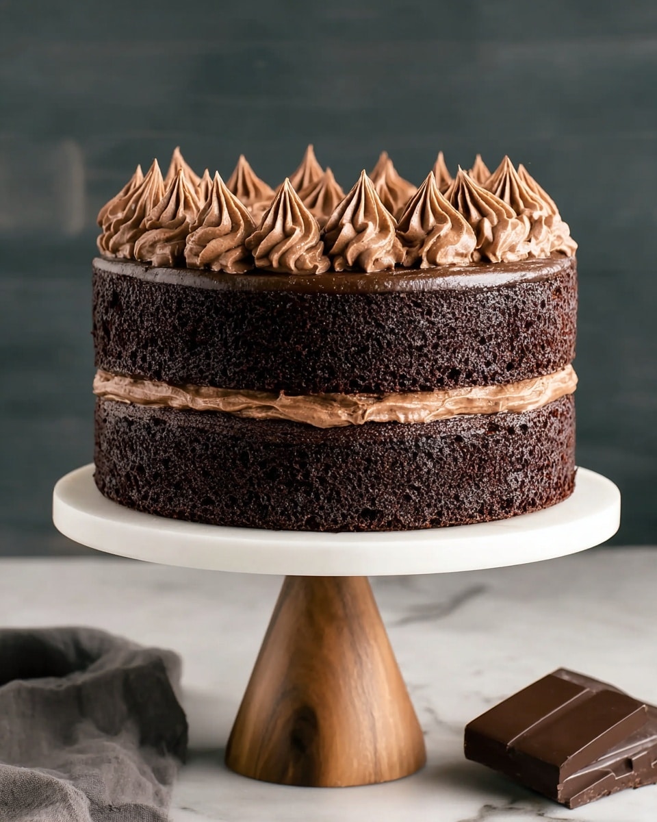 The image shows a two-layer dark chocolate cake on a white cake stand with a wooden base. The bottom layer is a thick, moist, dark chocolate cake, topped with a piped layer of smooth, light brown chocolate frosting dots. The second layer of the same dark chocolate cake sits on top, with more light brown chocolate frosting piped in small peaks evenly spaced across the top layer. The background has a dark, blurred look, and the surface beneath the cake stand shows a dark cloth and a square piece of chocolate. Photo taken with an iphone --ar 4:5 --v 7