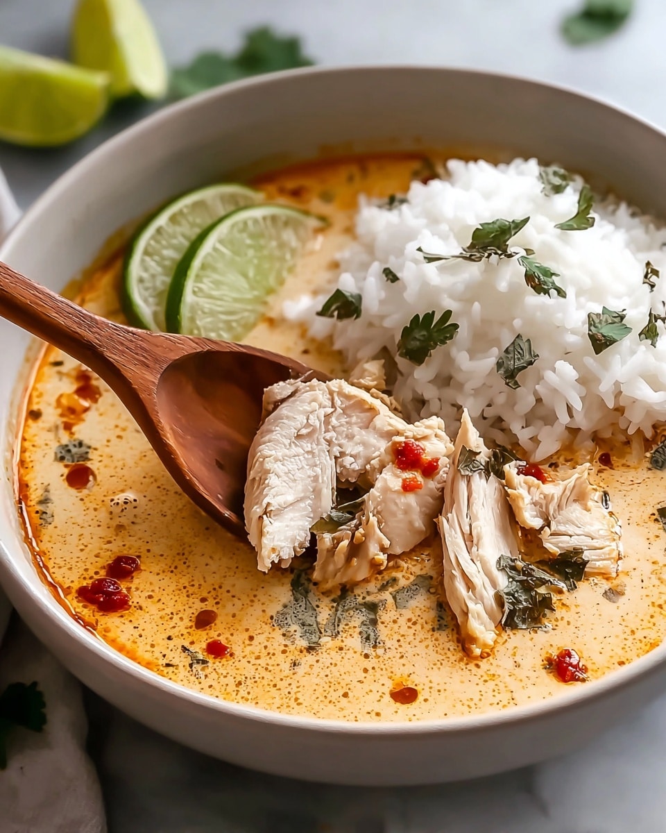 A dark bowl filled with a creamy orange soup sits on a white marbled surface, with a piece of sliced white chicken breast resting on top of the soup near the center. To the left side of the bowl, there is a neat mound of white rice garnished with green cilantro leaves. Behind the chicken, two lime wedges are placed, adding a bright green accent to the dish. There are also small dark red dollops on the soup and scattered cilantro leaves. A wooden spoon lifted by a woman's hand scoops some soup and chicken from the bowl. photo taken with an iphone --ar 4:5 --v 7
