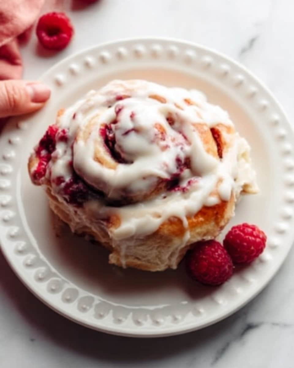 The image shows a close-up of a single cinnamon roll covered in thick white icing that drips slightly down the sides. The cinnamon roll has a swirled texture with layers clearly visible, dark brown and reddish spots of berries or fruit pieces scattered inside the dough. It is placed on a white plate with a raised dotted edge, and the background is a white marbled surface with a red cloth blurred in the back. The overall look is soft, sweet, and inviting. Photo taken with an iphone --ar 4:5 --v 7