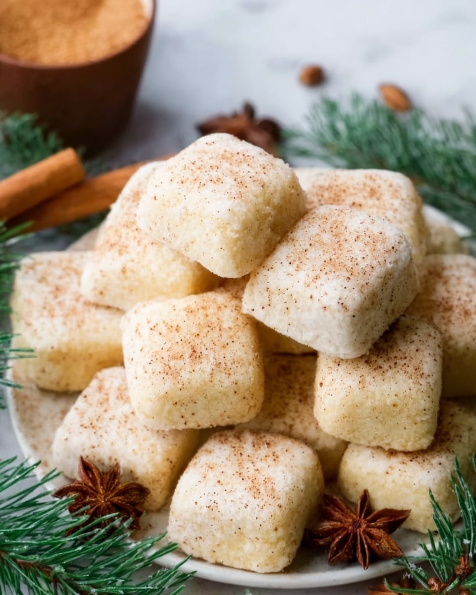 A white plate is filled with many small, soft, square pastries dusted lightly with powdered sugar. Each pastry shows a pale golden brown color with a slightly rough texture on top, indicating a light dusting of spices like cinnamon or nutmeg. The pastries are stacked loosely, creating small mounds across the plate. Around the plate, there are sprigs of green pine leaves adding a fresh, natural touch. Nearby, a white bowl holds a pile of brown sugar, showing its grainy texture, with a dark star anise placed beside it for decoration. The setting rests on a white marbled surface. photo taken with an iphone --ar 4:5 --v 7