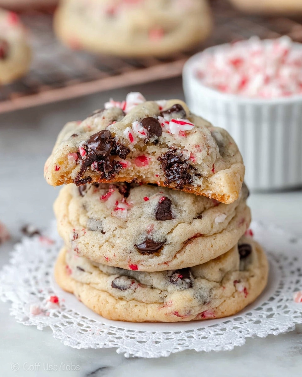 A stack of three thick cookies sits on a white doily on a white marbled surface; the cookies are light golden with visible dark chocolate chips and small red and white peppermint bits scattered throughout. The top cookie has a bite taken from it, showing a soft and chewy inside with the same chocolate and peppermint pieces. The cookies have a slightly cracked texture on top, and in the background, there is a white ramekin filled with red and white candy pieces next to a black oven rack with more cookies cooling on it. Photo taken with an iphone --ar 4:5 --v 7