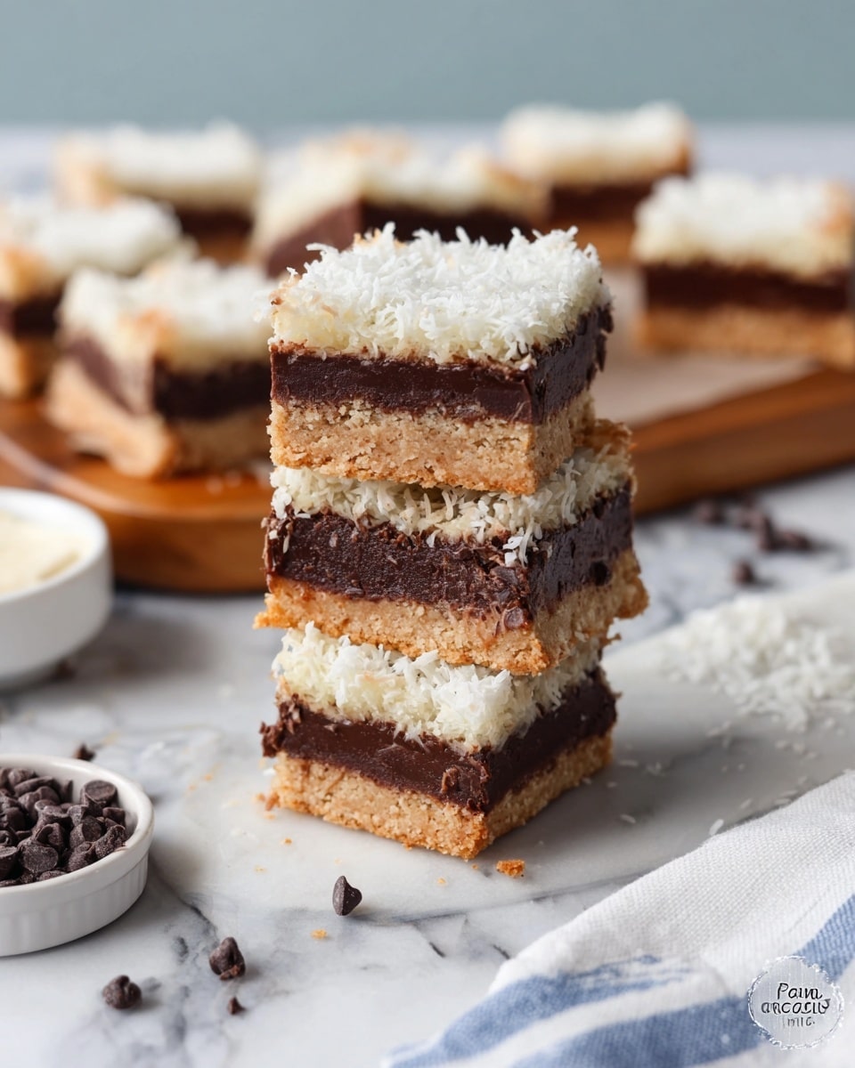 The image shows three stacked square bars and a single bar leaning against them, all with three layers. The bottom layer is a light brown crust with a crumbly texture. The middle layer is thick, dark brown, and smooth chocolate. The top layer is a rough, white coconut topping that looks shredded and lightly toasted. In the background, there is a white bowl on the left, a wooden board holding more bars blurred out, and some scattered dark chocolate chips and coconut flakes on a white marbled surface. A white cloth with blue stripes is partly visible on the right. Photo taken with an iphone --ar 4:5 --v 7