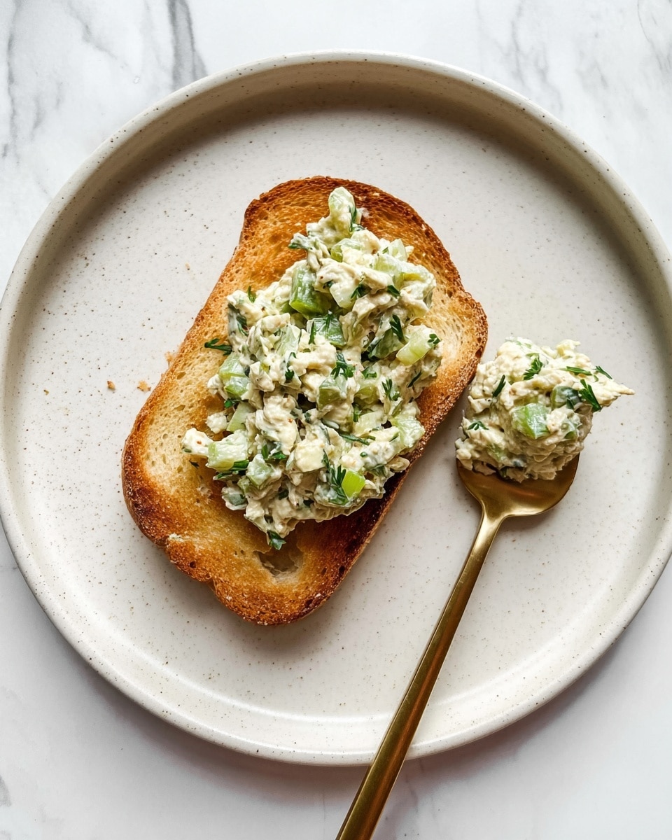 A single slice of golden toasted bread with a slightly crispy texture and small holes is placed on a large white plate with a soft beige rim. On top of the bread is a large dollop of creamy mixture containing green herbs and small chunks of vegetables, giving it a textured and fresh look. A gold spoon rests on the bread, holding most of the creamy mixture, angled slightly upward with a small piece of the mixture on the plate near the bread. The plate sits on a white marbled textured surface. photo taken with an iphone --ar 4:5 --v 7