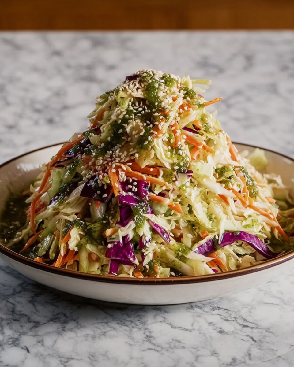 A white round bowl filled with a tall, colorful salad piled high in about four visible layers. The bottom layer has mixed shredded green and purple cabbage, topped with thin strips of bright orange carrot. Over this are scattered white sesame seeds and small bits of green herbs or chopped greens, which look like a dressing that coats the vegetables. The salad is placed on a white marbled surface. Photo taken with an iphone --ar 4:5 --v 7