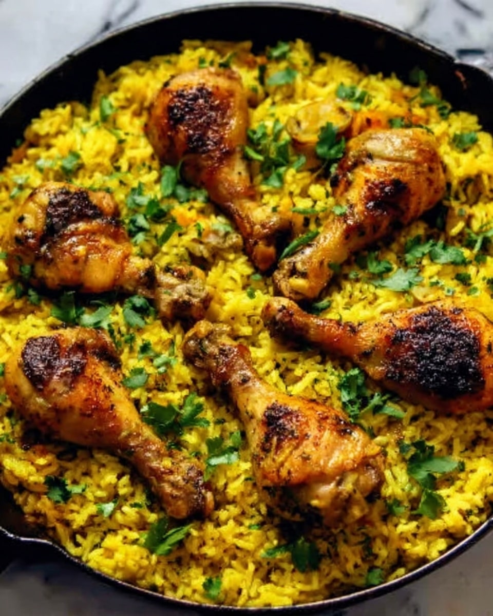 A white pan filled with yellow rice mixed with green herbs, topped with seven golden-brown roasted chicken drumsticks that have a slightly crispy texture, garnished with fresh green cilantro leaves scattered evenly on top. The rice looks fluffy with some pieces of cooked onions mixed in, and the chicken has a rich, warm color with visible grill marks. The photo is taken on a white marbled surface. Photo taken with an iphone --ar 4:5 --v 7