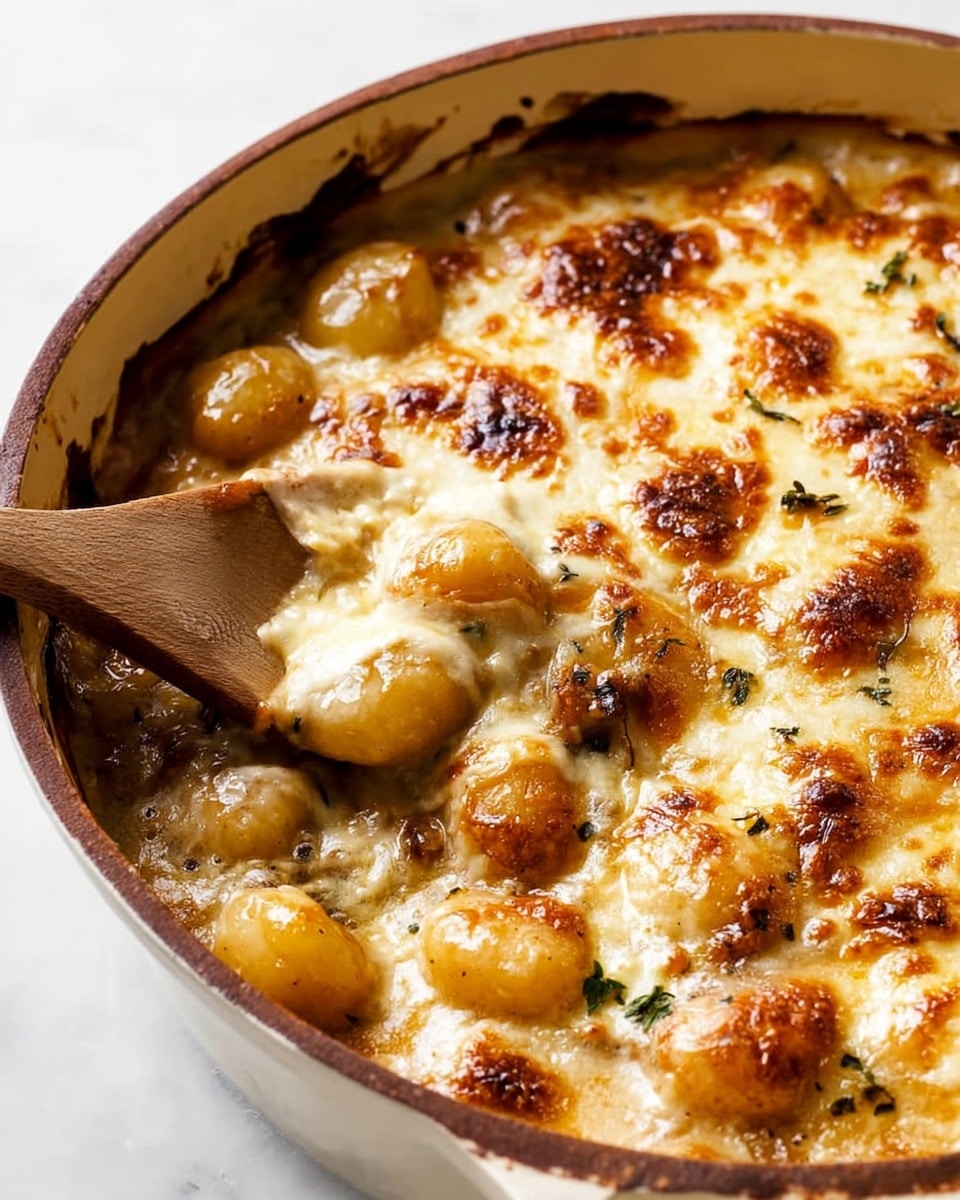 A close-up of a dish in a round cast iron pan with a burnt orange edge filled with baked gnocchi covered in a thick layer of melted golden brown cheese. The top layer is bubbly and crispy with browned spots and small green herb bits. Visible underneath are soft, slightly caramelized gnocchi pieces coated in a rich, glossy sauce. A wooden spoon is scooping some of the cheesy, saucy gnocchi from the pan. The pan sits on a white marbled surface. Photo taken with an iphone --ar 4:5 --v 7