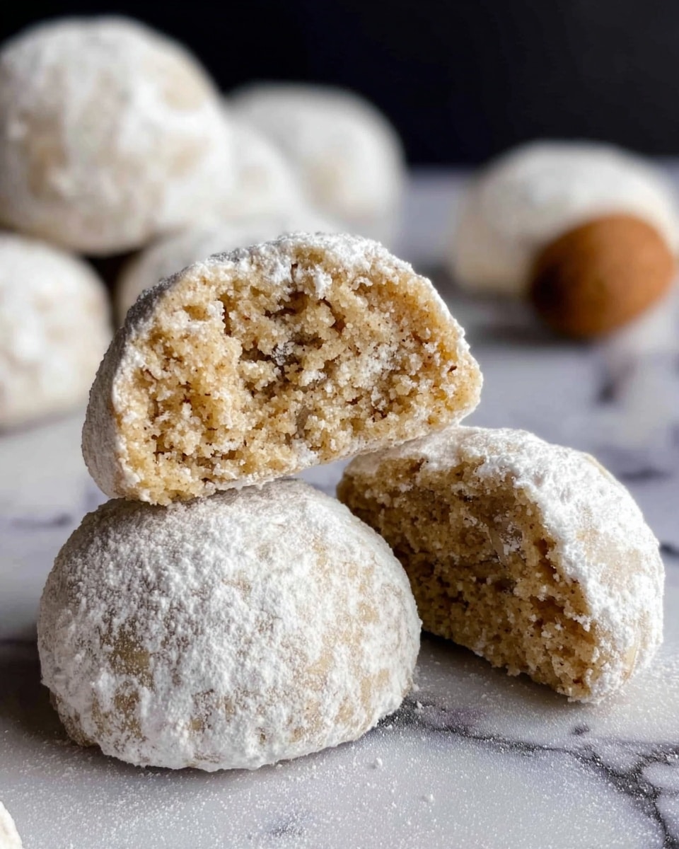 The image shows several round cookie balls covered in white powdered sugar, placed on a white marbled surface. One cookie is cut in half and stacked on top of a whole cookie in the foreground, revealing a soft, crumbly inside that is light brown and textured. The cookie balls are slightly irregular in shape and dusted evenly with powdered sugar, giving them a snowy appearance. The background is softly blurred, with more cookie balls scattered around in focus but less sharp. Photo taken with an iphone --ar 4:5 --v 7