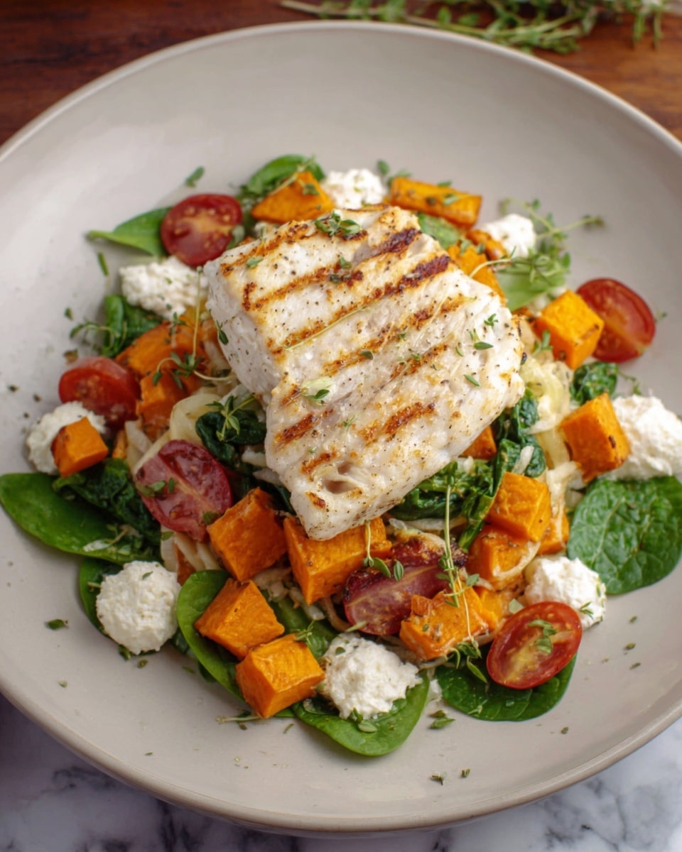 A white plate holds a layered dish starting with a bed of mixed salad greens at the base, topped by roasted orange sweet potato cubes and halved bright red cherry tomatoes. Over these sits a thick, golden-brown grilled chicken breast with clear char marks. Scattered around are small dollops of creamy white cheese, and the dish is garnished with fresh green herbs. The plate is set on a white marbled surface. photo taken with an iphone --ar 4:5 --v 7