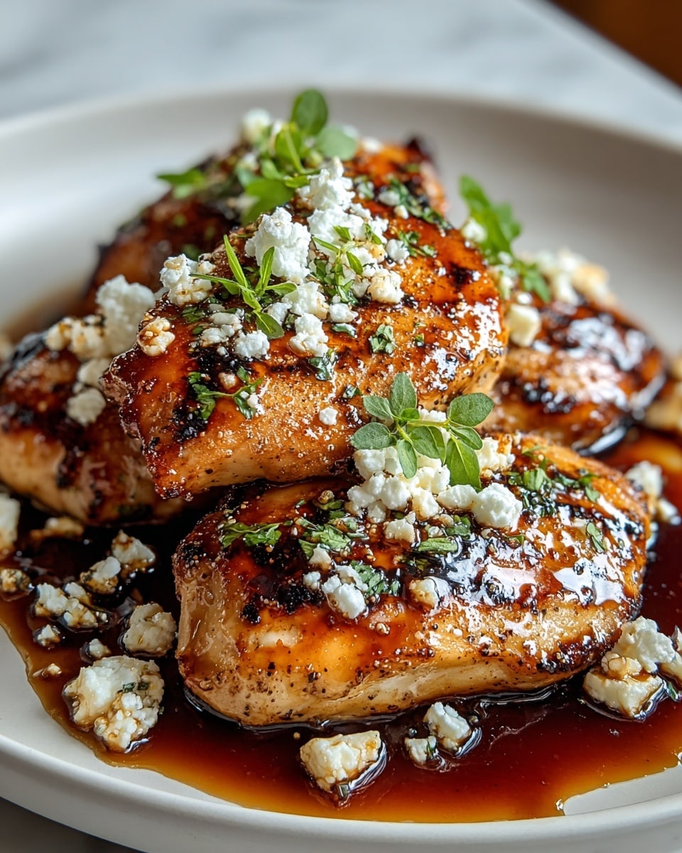 Three pieces of golden brown cooked chicken are stacked slightly on a round white plate with a shiny glaze of dark sauce pooling at the bottom. The chicken pieces have a caramelized texture with black seasoning specks and are topped with scattered small white crumbles of cheese and chopped green herbs. A few fresh green leaves rest on top, adding a touch of color contrast. The plate sits on a white marbled surface. photo taken with an iphone --ar 4:5 --v 7