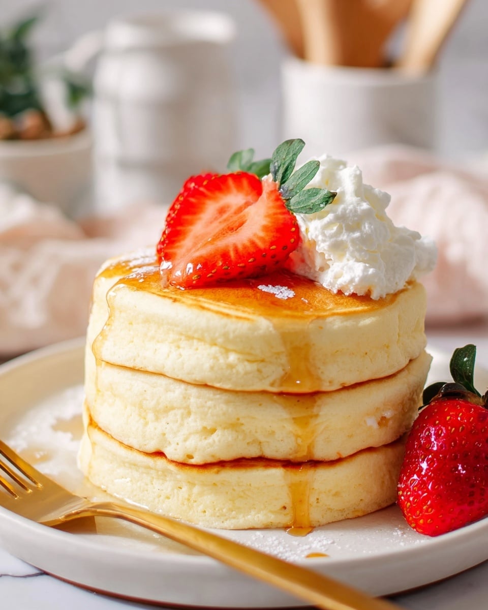 A stack of three thick, fluffy light yellow pancakes sits on a white plate with a soft, airy texture. On top, there are two bright red strawberry halves with green leaves, a dollop of white whipped cream, and golden syrup slowly dripping down the sides. Next to the stack, a whole red strawberry with green leaves rests on the plate. A yellow fork lies in the foreground on the same plate. The setting shows a white marbled surface in the background. photo taken with an iphone --ar 4:5 --v 7