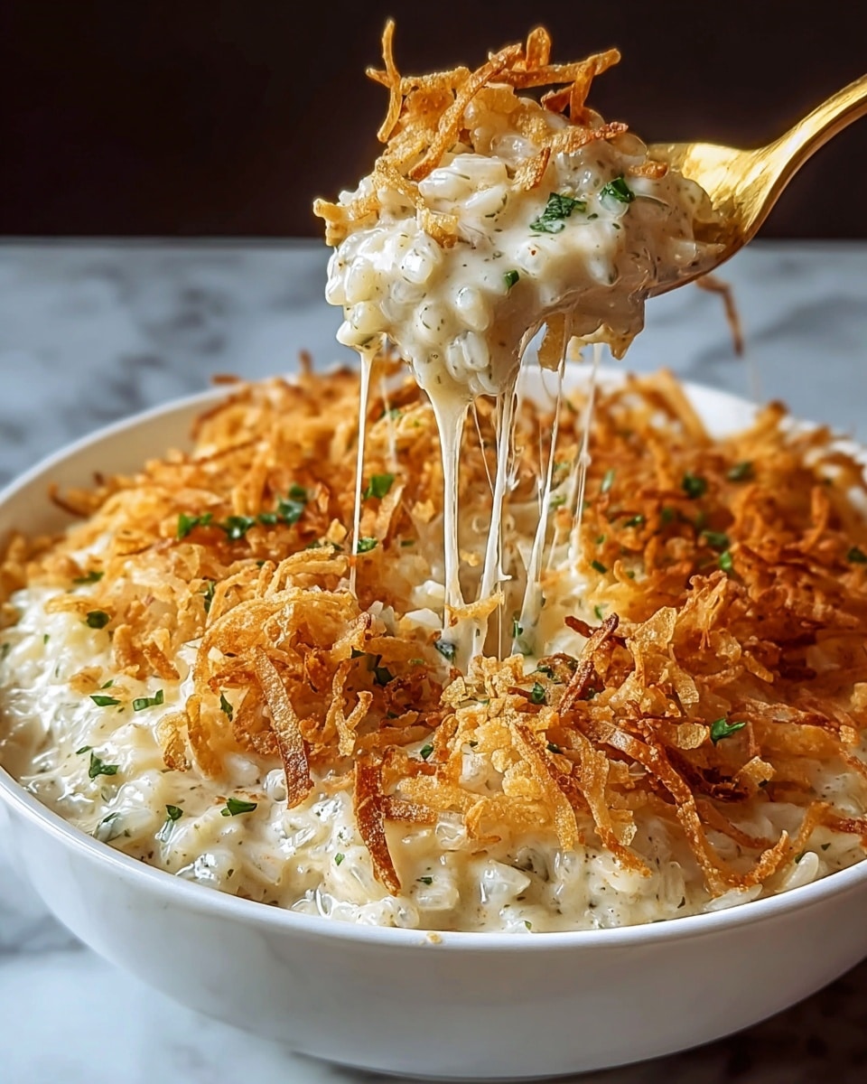 A white ribbed ceramic bowl filled with creamy baked macaroni and cheese is shown, with a portion being lifted by a golden spoon. The dish has two main layers: the bottom layer is thick, creamy cheese sauce mixed with soft pasta, showing gooey, stretchy melted cheese strings; the top golden brown layer consists of crispy fried onions sprinkled with small green parsley pieces. The bowl sits on a white marbled surface. Photo taken with an iphone --ar 4:5 --v 7
