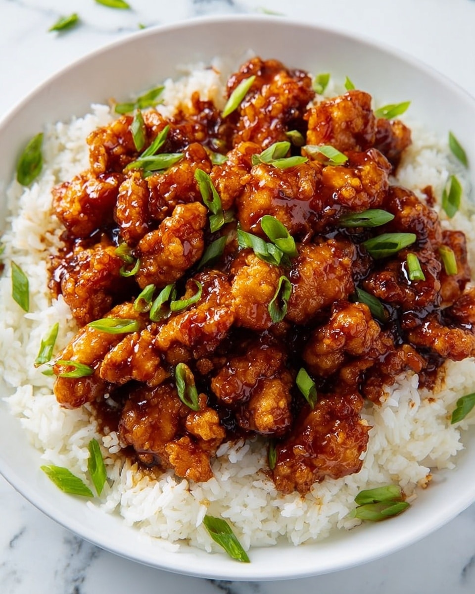 A white plate filled with a base layer of fluffy white rice that looks soft and slightly sticky, topped with a generous layer of glazed, crispy fried chicken pieces covered in a shiny, rich brown sauce. The chicken pieces are golden-brown with a textured, crunchy coating, and are scattered with small green onion slices, adding spots of bright green color. The plate is set on a white marbled surface. Photo taken with an iphone --ar 4:5 --v 7