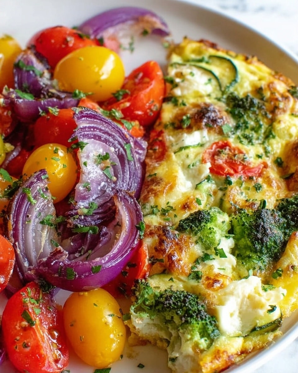 The image shows a close-up of a dish with two main sections: on the right side, a baked mixture with a creamy white layer topped with roasted broccoli florets, red tomato pieces, zucchini slices, and browned bits of cheese or egg, showing a slightly rough texture with some charred spots; on the left side, a small pile of bright red and yellow cherry tomatoes mixed with thin slices of purple-red onion, both having a shiny, fresh appearance with small green herb flakes sprinkled on top, all placed on a white marbled surface photo taken with an iphone --ar 4:5 --v 7