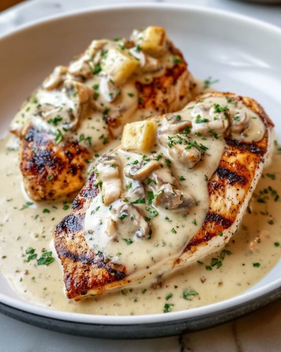 The dish shows two grilled chicken breasts with golden brown grill marks, topped with a creamy white sauce that has small pieces of sautéed mushrooms scattered on top. The sauce covers the chicken gently, pooling slightly around the base. Fresh green herbs are sprinkled over the sauce and chicken. The food sits in a white bowl with a black rim, placed on a white marbled surface. A woman's hand is reaching in from the side to hold the bowl. Photo taken with an iphone --ar 4:5 --v 7