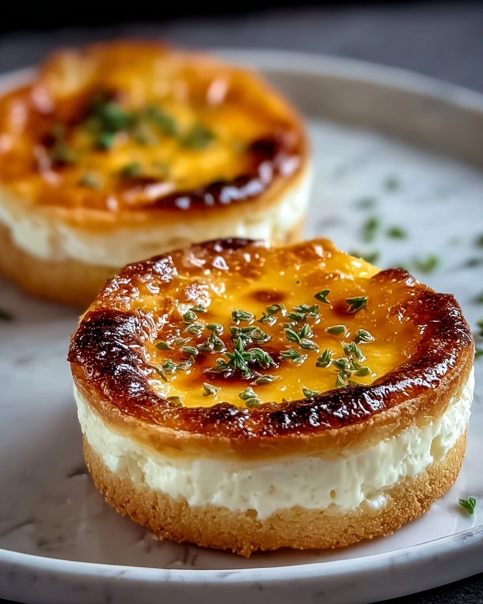The image shows two round, golden-brown cheese tarts on a white plate, placed on a white marbled surface. Each tart has three visible layers: a light brown, crispy crust on the bottom, a thick middle layer of white, fluffy cheese, and a golden, caramelized cheese top layer with a slightly glossy texture, dotted with small green herbs and black pepper. The cheese top has browned spots and a wavy texture, giving a rich and inviting look. Photo taken with an iphone --ar 4:5 --v 7