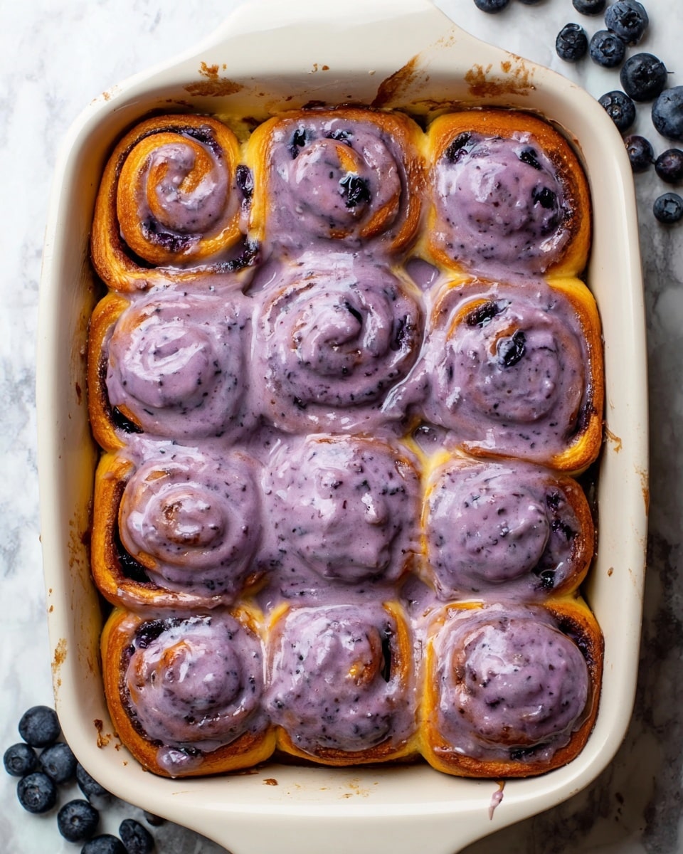 The image shows a white rectangular baking dish filled with nine cinnamon rolls arranged in three rows and three columns. The cinnamon rolls are golden brown with visible spiral layers and specks of blueberries. They are generously covered with a thick, creamy purple-blue blueberry glaze that coats the top and partly drips down the sides. Around the dish, several fresh blueberries are scattered on a white marbled surface, adding a fresh touch. The edges of the dish show slight browning from baking. Photo taken with an iphone --ar 4:5 --v 7