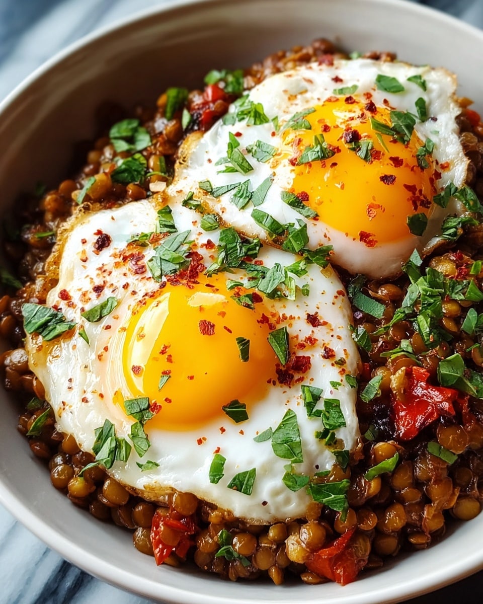 A close-up of a shallow white bowl filled with a base of cooked lentils mixed with small pieces of cooked red vegetables, creating a textured and chunky brownish-orange layer. On top lie two sunny-side-up eggs with shiny, bright yellow yolks and white, slightly crispy edges. The eggs are sprinkled generously with fresh, chopped green herbs and a few red chili flakes, adding color and contrast. The bowl is set on a white marbled surface. photo taken with an iphone --ar 4:5 --v 7