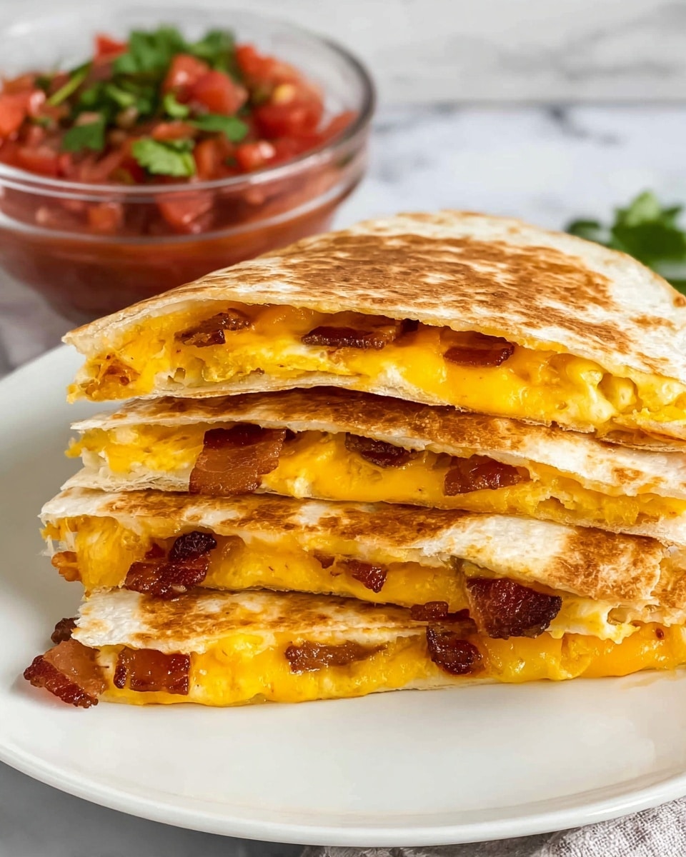 A white plate holds a stack of three folded quesadilla halves, each showing three layers from top to bottom: a light golden grilled tortilla with a slightly crispy texture, a rich orange melted cheddar cheese layer, and crispy dark brown bacon pieces mixed with gooey yellow cheese inside. Behind the plate, a glass bowl filled with chunky red salsa topped with a few green leaves sits on a white marbled surface, and a white and black checkered cloth is partially visible in the background. photo taken with an iphone --ar 4:5 --v 7