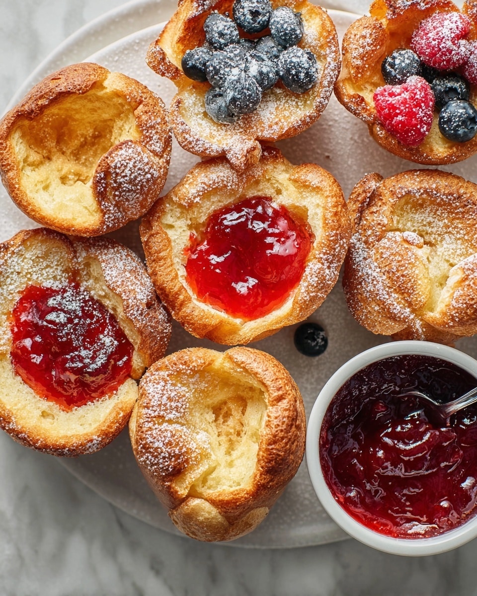 The image shows a close-up of several small Dutch baby pancakes arranged closely on a white marbled surface. Each pancake has a golden brown, slightly puffy, and uneven edge with a soft, yellow interior. Most pancakes are dusted with powdered sugar on top. Some pancakes have a layer of shiny red strawberry jam in the center, while one pancake is topped with a fresh red raspberry and several plump dark blue blueberries sprinkled with powdered sugar. A small white bowl filled with bright red strawberry jam sits to the right side of the frame, also dusted lightly with powdered sugar. The overall look is warm, soft, and inviting, with a mix of smooth and textured layers. photo taken with an iphone --ar 4:5 --v 7