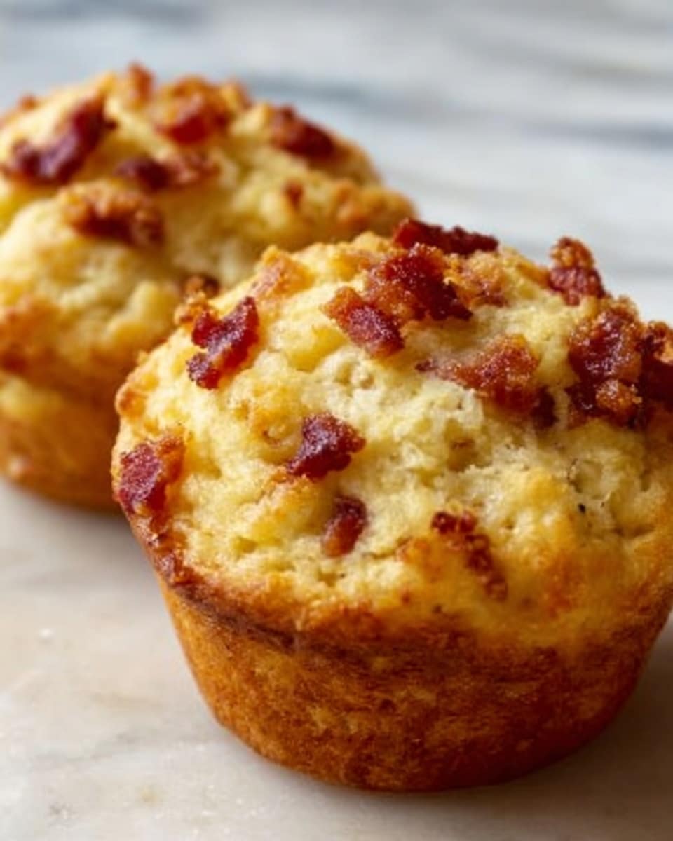Two golden-brown muffins with a slightly rough texture are shown close up on a white marbled surface. The muffins have crispy edges and are topped with small pieces of cooked bacon that add a reddish-brown contrast. The tops are uneven and bumpy with a soft crumb visible in the muffin base. The lighting highlights the warm color and crumbly texture. photo taken with an iphone --ar 4:5 --v 7
