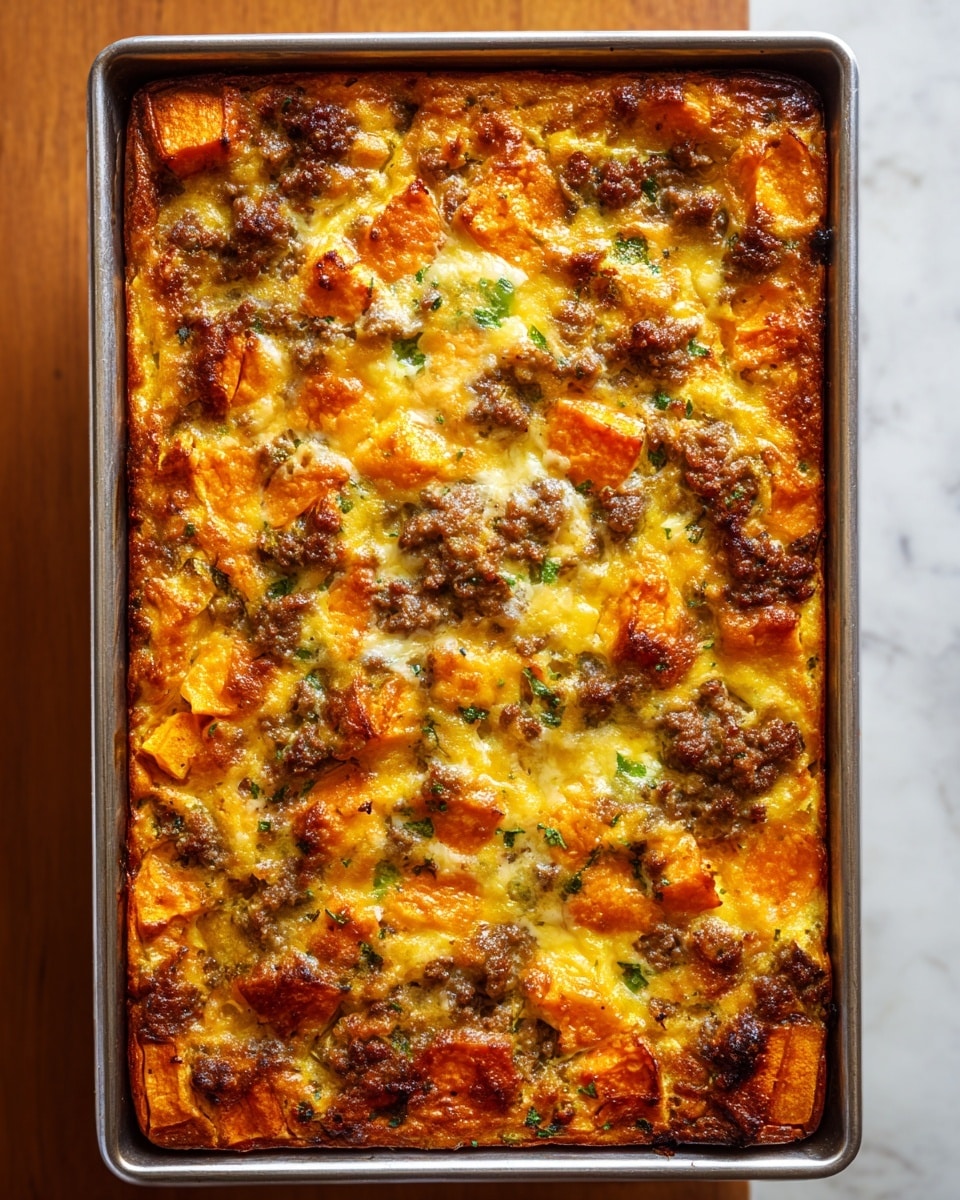 A baked casserole sits in a rectangular silver baking pan filled to the top, showing a mix of golden yellow baked egg base with browned, crispy patches and tender orange chunks of sweet potato scattered throughout. Small bits of browned sausage and green bell pepper pieces are evenly spread through the thick, soft texture, with hints of melted cheese giving a creamy look. Fresh green herb sprigs are sprinkled on top, adding small contrasts of color. The pan rests on a white marbled surface. photo taken with an iphone --ar 4:5 --v 7