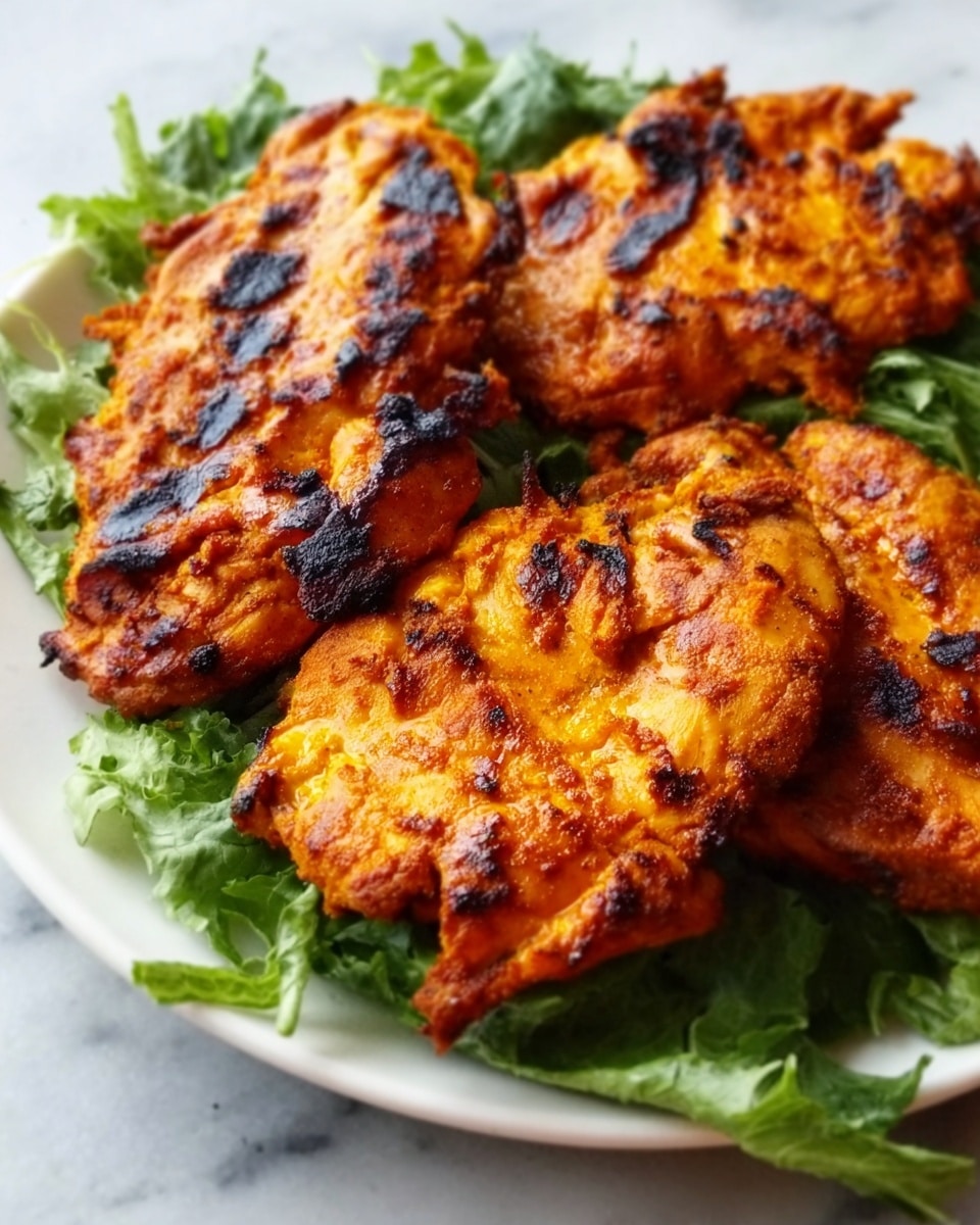 The image shows three pieces of grilled chicken placed closely together on a white plate. The chicken pieces are orange-brown with charred dark spots showing they are cooked with a spicy marinade. The surface looks slightly rough and crispy, and there is a small bunch of dark green leafy garnish behind the chicken. The background is a white marbled texture, giving a clean and bright look. photo taken with an iphone --ar 4:5 --v 7