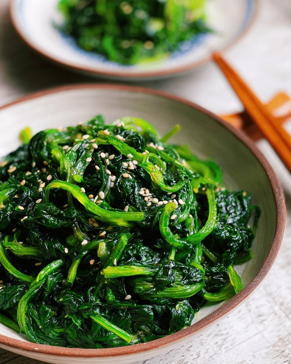 A close-up of a white bowl filled with bright green cooked spinach that looks soft and slightly shiny. The spinach leaves and stems are mixed together and sprinkled with small white sesame seeds. In the blurred background, there is a white bowl with blue patterns containing another green dish, placed on a white marbled textured surface with a pair of reddish-brown chopsticks resting nearby. photo taken with an iphone --ar 4:5 --v 7