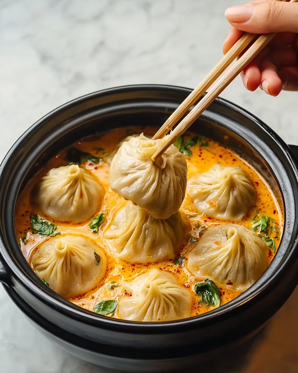 A black bowl filled with seven round dumplings with pleated tops, sitting in an orange, creamy broth with green leafy vegetables. One dumpling is held up with light-colored chopsticks by a woman's hand from the top right corner, showing its smooth, slightly shiny texture. The dumplings are packed closely, floating in the rich broth inside the bowl, which rests on a white marbled surface. photo taken with an iphone --ar 4:5 --v 7