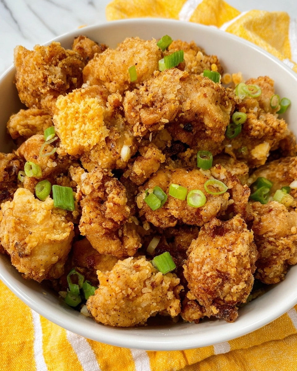 A white bowl filled with many pieces of golden-brown fried chicken bites, each piece showing a crunchy, textured coating with some darker crispy spots. The chicken pieces are uneven in shape and size, stacked tightly together, with small green onion slices scattered on top for a pop of color. The bowl is set on a yellow cloth with white stripes, and the background is a white marbled surface. Photo taken with an iphone --ar 4:5 --v 7