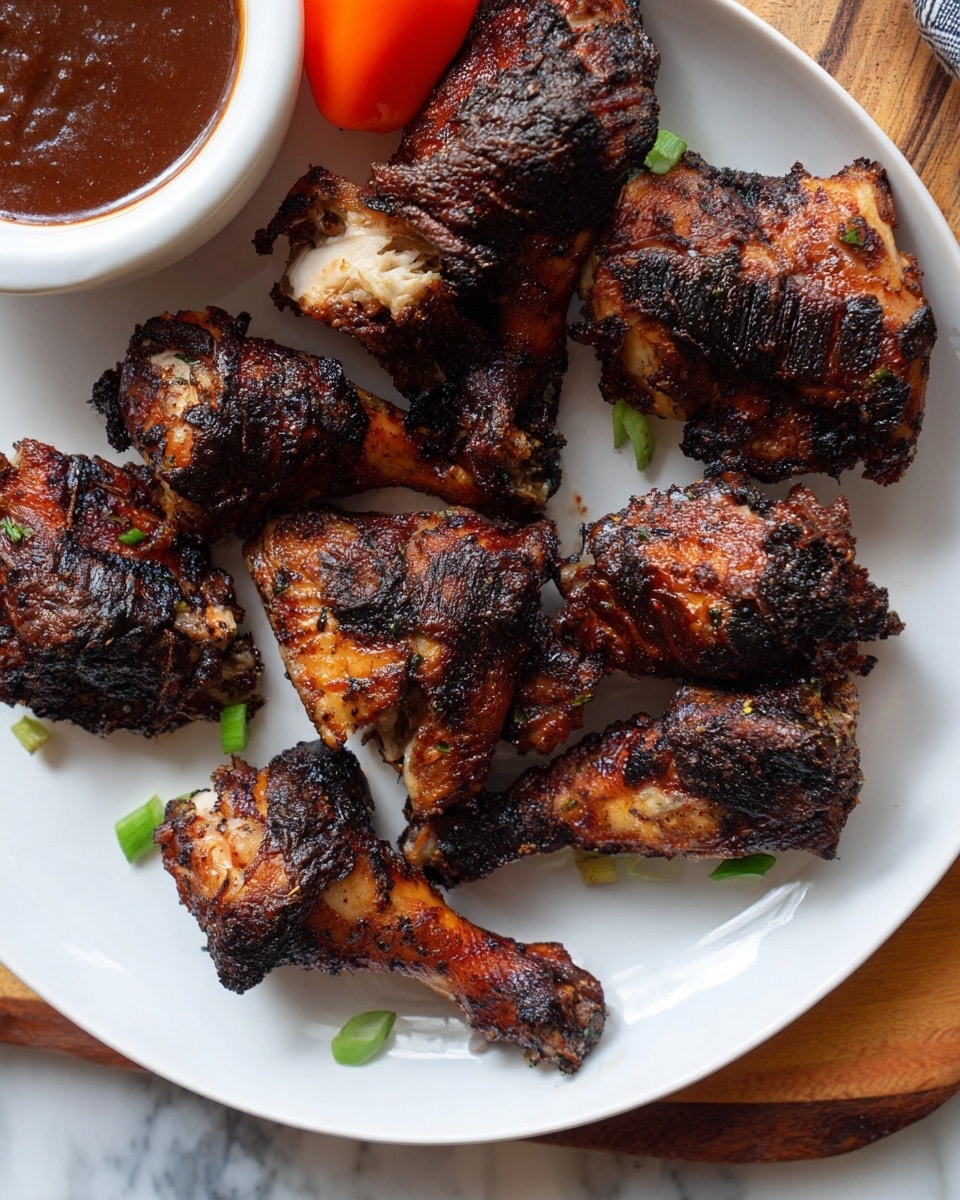 The image shows a white plate with several pieces of grilled chicken that have a dark charred crust. The chicken pieces vary in shapes and sizes, with some having visible light brown, tender inside color where cuts are shown. Small green garnish pieces are scattered beneath and around the chicken. In the corner of the plate, there is an orange pepper placed on the white marbled surface. Near the top right of the image, a small white bowl filled with dark brown sauce is partially visible. The overall texture of the chicken is rough and crispy on the outside with some moist and soft interior parts visible. Photo taken with an iphone --ar 4:5 --v 7