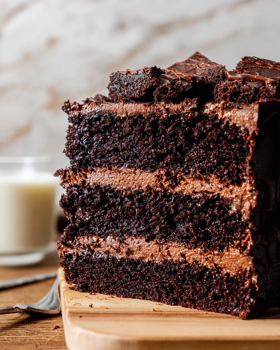 A close-up view of a thick three-layer dark chocolate cake, each layer moist and rich with visible chocolate crumbs, separated by thin layers of smooth chocolate frosting. The top is lined with several small, square pieces of dense, fudgy chocolate brownies with a cracked, slightly crunchy surface. A tall glass of milk is blurred in the background against a white marbled texture, and some blurred brownie pieces are in the foreground. The whole scene is warm with a focus on the rich texture of the cake. Photo taken with an iphone --ar 4:5 --v 7