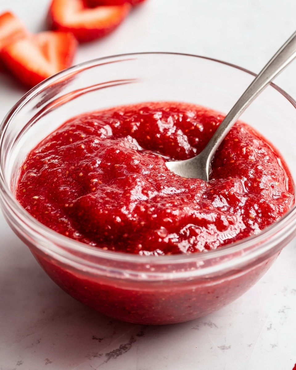 A clear glass bowl filled with bright red, textured strawberry jam that looks slightly chunky and glossy. A metal spoon rests inside the bowl, partially submerged in the jam, showing some of the shiny surface. Around the bowl, there are a few sliced strawberries, all placed on a white marbled surface. photo taken with an iphone --ar 4:5 --v 7