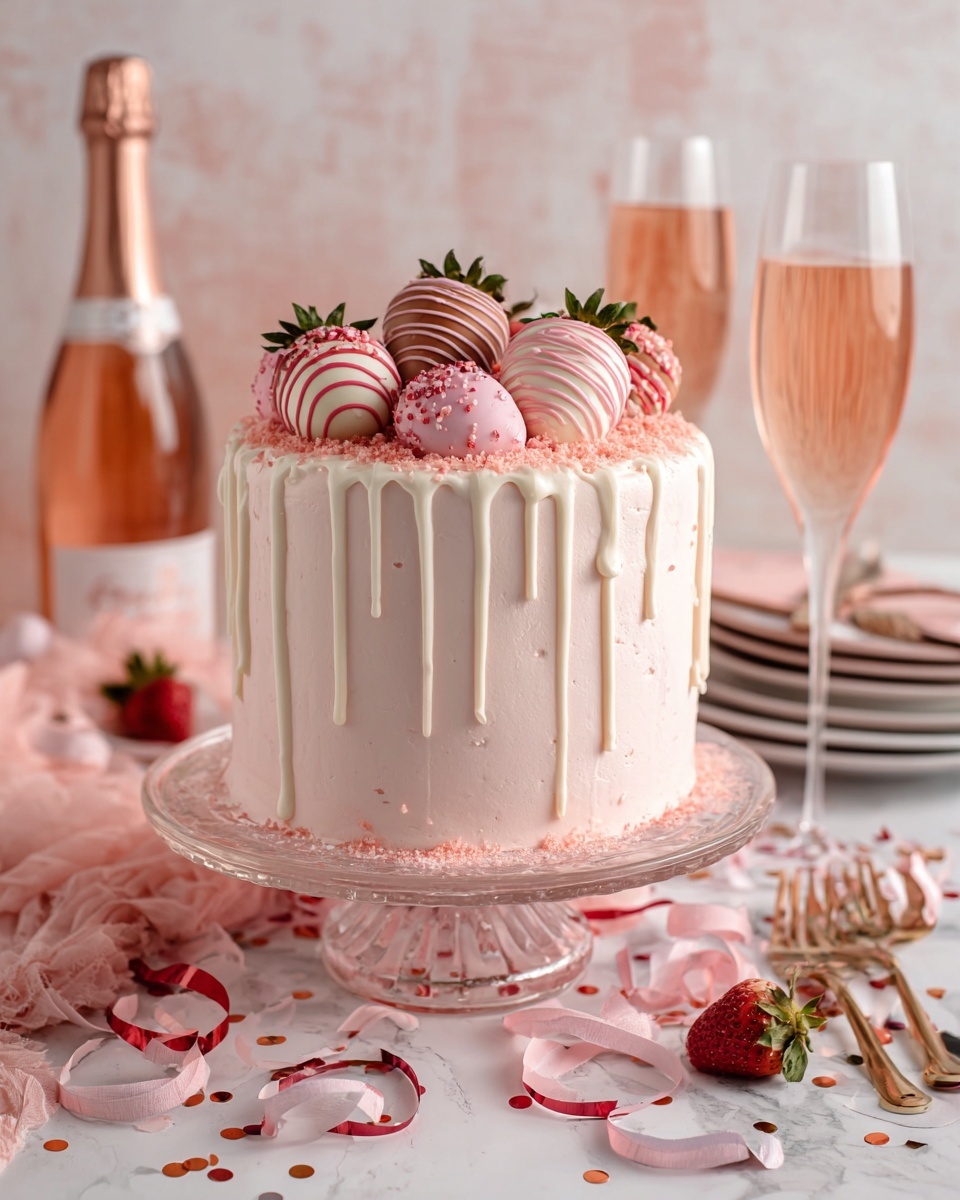 A tall cake with smooth light pink frosting is placed on a pink glass cake stand. The cake has white drip icing flowing down from the top edge in uneven streams. On top, there are nine strawberries dipped in pink and white chocolate, some with stripes and some solid, arranged close together in the center. Pink edible glitter is sprinkled around the strawberries on the top surface. The cake sits on a white marbled tabletop with pink, white, and gold curled paper streamers scattered around. In the background, there are two glasses of light pink bubbly drink and a bottle with a pink label. A folded light pink cloth and a cake server with a black handle rest next to the cake stand. photo taken with an iphone --ar 4:5 --v 7
