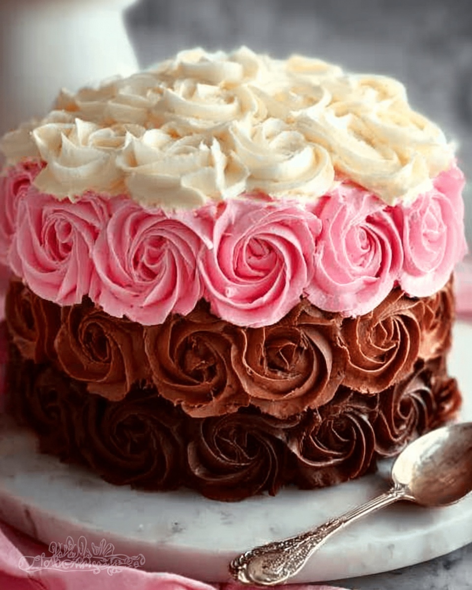 The image shows a close-up of a three-layer cake decorated with thick, rose-shaped frosting swirls. The bottom layer has dark brown chocolate frosting, the middle layer is covered with pink frosting, and the top layer features creamy white frosting, all with a rich, smooth texture. The cake sits on a clear cake stand placed on a white marbled surface, and a woman's hand is gently holding the side. photo taken with an iphone --ar 4:5 --v 7