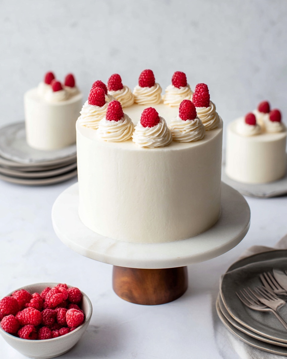 A tall, smooth white frosted cake sits on a white marble cake stand with a wooden base. The cake has one visible thick layer covered fully with creamy white frosting. On top, there is a circle of eight swirled white frosting dollops evenly spaced, each topped with a bright red raspberry. In the background, two smaller white frosted cakes with similar raspberry decorations are seen. A small white bowl filled with fresh raspberries and stacked grayish-white plates with forks are placed around the scene, all set on a white marbled texture surface. photo taken with an iphone --ar 4:5 --v 7