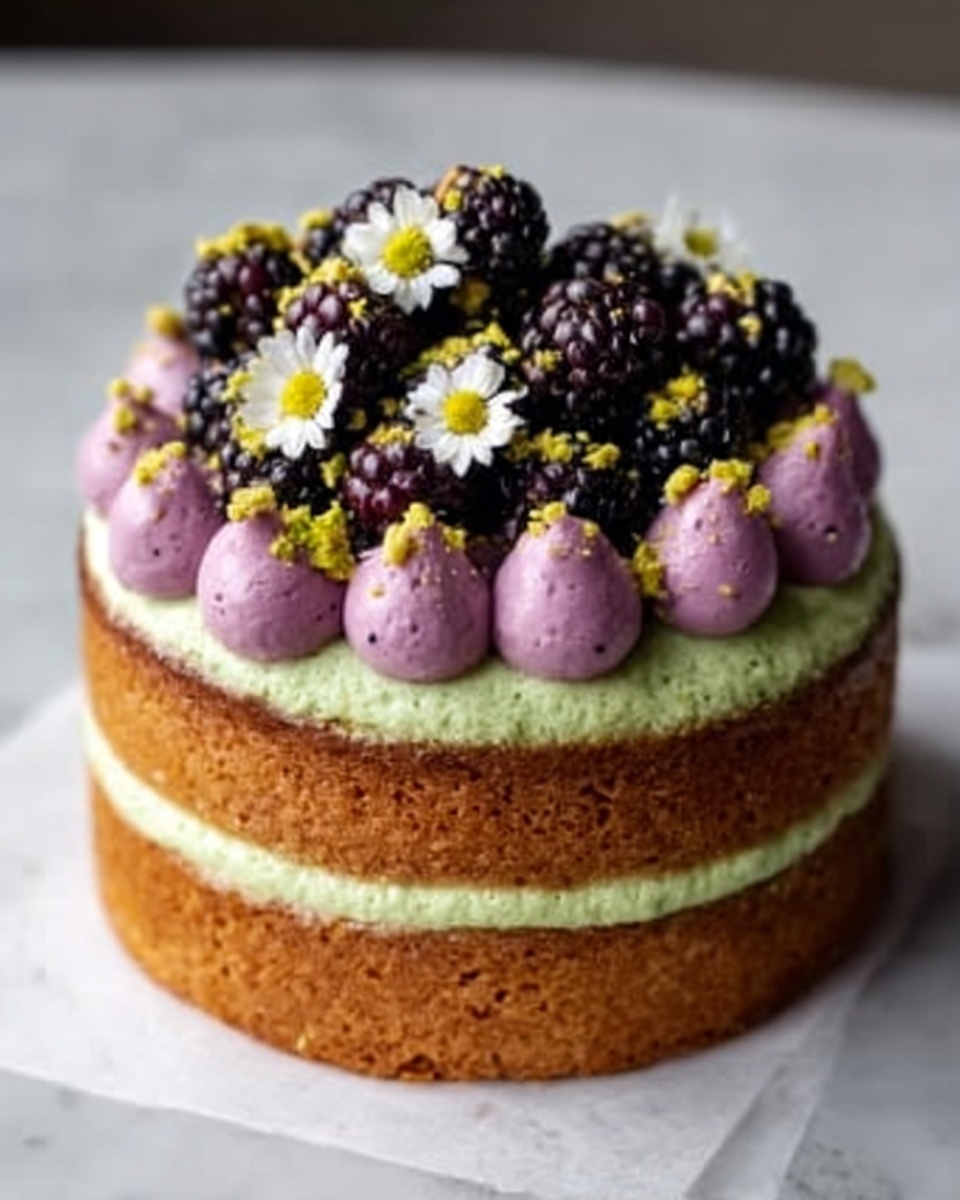 A two-layered cake sits on white parchment paper over a white marbled surface. The cake layers are golden brown with a smooth, light green cream filling in between. On top of the cake, there are large dollops of purple cream arranged in a circle. The center is decorated with a pile of dark blackberries and small white flowers, while finely chopped green pistachios are sprinkled around them. The cake has a rustic and natural look with a mix of soft and textured elements. photo taken with an iphone --ar 4:5 --v 7
